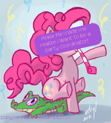 Size: 452x500 | Tagged: safe, artist:atryl edits, gummy, pinkie pie, earth pony, pony, g4, female, mare, meta, pony confession, sitting