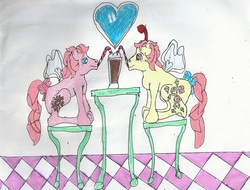 Size: 1078x819 | Tagged: safe, artist:zeldatheswordsman, honeysuckle, rosedust, flutter pony, g1, date, female, honeydust, lesbian, milkshake, sharing a drink, shipping, straw