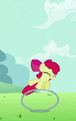 Size: 346x551 | Tagged: safe, screencap, apple bloom, earth pony, pony, g4, the cutie pox, animated, cropped, fake cutie mark, female, filly, foal, jumping, loop, loop-de-hoop, solo