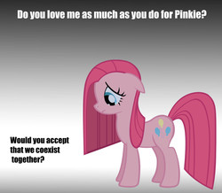 Size: 1656x1446 | Tagged: safe, artist:durpy, pinkie pie, earth pony, pony, g4, blue eyes, female, flat hair, flat mane, flat tail, floppy ears, gradient background, impact font, looking down, mare, pink body, pink coat, pink fur, pink hair, pink mane, pink pony, pink tail, pinkamena diane pie, pinkie sad, question, sad, solo, tail, text