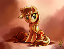 Size: 1020x781 | Tagged: safe, artist:whitediamonds, applejack, earth pony, pony, g4, applejack's hat, cowboy hat, female, freckles, frown, hat, loose hair, mare, sad, solo