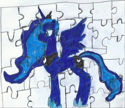 Size: 922x802 | Tagged: safe, artist:zeldatheswordsman, princess luna, pony, g4, female, newbie artist training grounds, puzzle, solo, traditional art