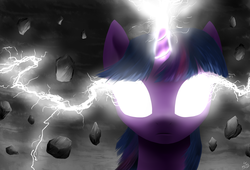 Size: 2500x1700 | Tagged: safe, artist:mlpanon, twilight sparkle, g4, glowing eyes, lightning, magic, magic overload, solo