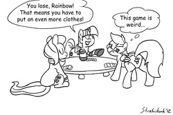 Size: 990x660 | Tagged: safe, artist:strebiskunk, fluttershy, rainbow dash, twilight sparkle, pegasus, pony, unicorn, g4, butt, clothes, comic, comic sans, cutie mark underwear, dialogue, eyes closed, grayscale, monochrome, panties, plot, poker, reverse strip poker, reversed, simple background, sitting, smiling, socks, strip poker, sweater, sweatershy, table, thought bubble, underwear, we don't normally wear clothes, white background