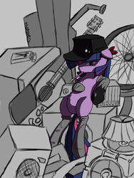 Size: 1200x1600 | Tagged: safe, artist:thattagen, twilight sparkle, g4, arcade, blank flank, chest fluff, clothes, companion cube, guitar, hat, minamimoto sho, missing cutie mark, pocky, socks, sockypockytwi, speaker, the world ends with you, wat