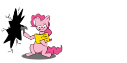 Size: 1280x640 | Tagged: safe, artist:afroquackster, pinkie pie, earth pony, pony, g4, book, female, fourth wall, fourth wall destruction, hammer, simple background, solo, transparent background
