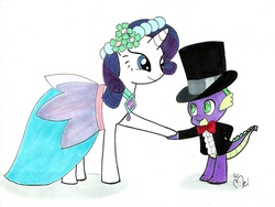 Size: 1913x1436 | Tagged: safe, artist:yuichan90, rarity, spike, g4, bowtie, clothes, dancing, dress, female, interspecies, male, ship:sparity, shipping, straight, suit