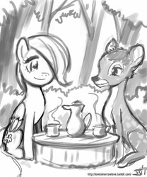 Size: 833x1000 | Tagged: safe, artist:johnjoseco, fluttershy, deer, pegasus, pony, g4, bambi, crossover, disney, female, filly, filly fluttershy, grayscale, monochrome, tea party, younger