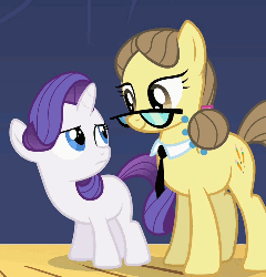Size: 480x500 | Tagged: safe, screencap, play write, rarity, sharpener, pony, unicorn, g4, the cutie mark chronicles, animated, blank flank, cropped, duo, female, filly, filly rarity, glasses, loop, mare, necktie, younger
