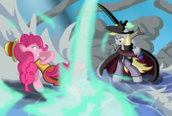 Size: 1937x1300 | Tagged: safe, artist:ziemniax, derpy hooves, pinkie pie, pegasus, pony, g4, dracule mihawk, female, mare, one piece, parody, sword