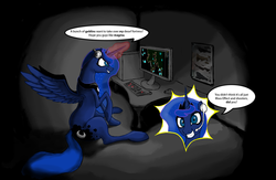 Size: 1597x1039 | Tagged: safe, artist:mrmolestia, princess luna, gamer luna, g4, dwarf fortress, eve online