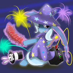 Size: 1050x1050 | Tagged: safe, artist:hoyeechun, angel bunny, trixie, twilight sparkle, g4, bunny out of the hat, card, fireworks, hat, magic trick, plushie, smiling, top hat, wand