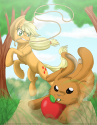 Size: 800x1029 | Tagged: safe, artist:inuhoshi-to-darkpen, applejack, rabbit, g4, apple, lasso, mouth hold