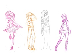 Size: 1600x1184 | Tagged: safe, artist:rik-vreal, applejack, pinkie pie, rarity, twilight sparkle, human, g4, clothes, dress, humanized, sketch, skinny, thin