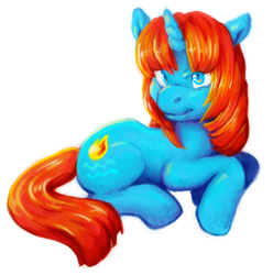 Size: 324x327 | Tagged: artist needed, source needed, safe, waterfire (g4), pony, unicorn, g4, angry, female, horn, lying down, mare, prone, simple background, tail, white background