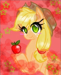 Size: 353x437 | Tagged: dead source, safe, artist:yuji8sushi, applejack, earth pony, pony, g4, apple, blushing, hat, obligatory apple, smiling