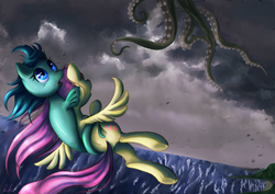 Size: 1241x877 | Tagged: safe, artist:c-puff, fluttershy, wavedancer, kraken, pegasus, pony, sea pony, g1, g4, duo, tentacles