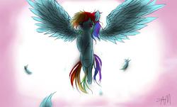 Size: 1500x903 | Tagged: dead source, safe, artist:yuji8sushi, rainbow dash, pegasus, pony, g4, crying, flying, spread wings, wings