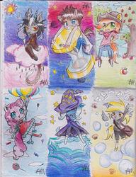 Size: 505x659 | Tagged: dead source, safe, artist:yuji8sushi, braeburn, derpy hooves, discord, doctor whooves, pinkie pie, time turner, trixie, earth pony, pegasus, unicorn, anthro, unguligrade anthro, g4, ambiguous facial structure, apple, arm behind head, balloon, chibi, floating, floating wings, flying, happy, hourglass, letter, mailbag, neckerchief, then watch her balloons lift her up to the sky