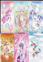 Size: 1318x1892 | Tagged: dead source, safe, artist:yuji8sushi, applejack, fluttershy, pinkie pie, rainbow dash, rarity, twilight sparkle, pegasus, pony, unicorn, g4, balloon, big crown thingy, elements of harmony, traditional art