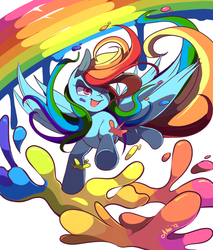 Size: 850x1000 | Tagged: safe, artist:sugaryrainbow, rainbow dash, g4, flying, paint, paint on fur, rainbow, surreal