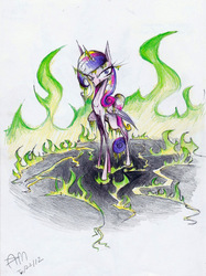 Size: 974x1299 | Tagged: dead source, safe, artist:yuji8sushi, queen chrysalis, changeling, g4, disguise, disguised changeling, fake cadance, female, fire, grin, signature, solo, standing, traditional art