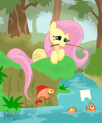 Size: 2100x2530 | Tagged: safe, artist:killryde, fluttershy, fish, g4, bread, feeding, female, food, high res, mouth hold, rod, solo