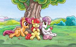 Size: 1200x750 | Tagged: safe, artist:kp-shadowsquirrel, apple bloom, scootaloo, sweetie belle, earth pony, pegasus, pony, unicorn, g4, adorabloom, apple, apple bloom's bow, apple core, apple tree, blank flank, bow, cute, cutealoo, cutie mark crusaders, cutie mark cuties, diasweetes, eating, eyes closed, female, filly, foal, food, hair bow, herbivore, puffy cheeks, sitting, tree, trio, under the tree