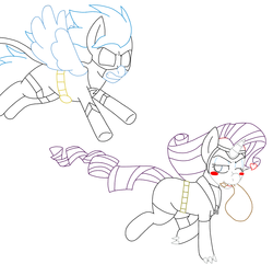 Size: 1270x1225 | Tagged: safe, artist:blackbewhite2k7, rainbow dash, rarity, pegasus, pony, unicorn, g4, bag, batman, batmare, catmare, catwoman, chase, crossover, duo, female, flying, lesbian, mare, parody, running, ship:raridash, shipping, wink, wip