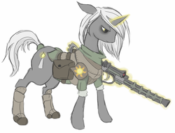 Size: 676x516 | Tagged: safe, artist:fukamaru, oc, oc only, oc:psalm, pony, unicorn, fallout equestria, fallout equestria: project horizons, fanfic, fanfic art, female, glowing horn, gun, hooves, horn, levitation, magic, mare, penance (psalm's rifle), saddle bag, simple background, solo, telekinesis, weapon, white background