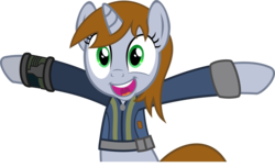 Size: 1600x970 | Tagged: safe, artist:brisineo, doomie, oc, oc only, oc:littlepip, pony, unicorn, fallout equestria, g4, .svg available, clothes, fanfic, fanfic art, female, hooves, horn, jumpsuit, looking at you, mare, open mouth, pipbuck, show accurate, simple background, smiling, solo, teeth, text, transparent background, vault suit, vector