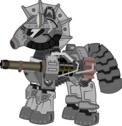 Size: 1600x1652 | Tagged: dead source, safe, artist:brisineo, oc, oc only, oc:steelhooves, earth pony, pony, fallout equestria, armor, fanfic, fanfic art, gun, machine gun, male, power armor, simple background, solo, stallion, steel ranger, transparent background, weapon