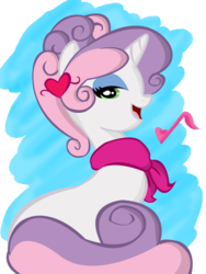 Size: 900x1200 | Tagged: safe, artist:sweetchiomlp, sweetie belle, pony, unicorn, g4, adult, bedroom eyes, clothes, female, mare, music notes, older, older sweetie belle, scarf, simple background, singing, solo, transparent background
