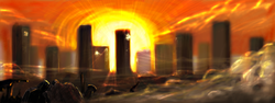 Size: 2000x750 | Tagged: dead source, safe, artist:timbaer, fallout equestria, explosion, manehattan, scenery