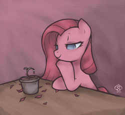 Size: 761x699 | Tagged: safe, artist:soulspade, pinkie pie, g4, dead flower, empty eyes, flower, hoof on chin, lidded eyes, looking at something, no catchlights, no pupils, pinkamena diane pie, plant pot, potted plant, smiling, table