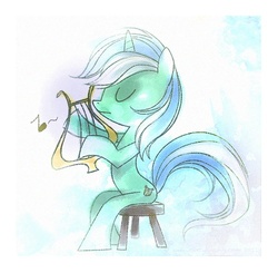 Size: 500x490 | Tagged: safe, artist:shiro, lyra heartstrings, pony, unicorn, g4, eyes closed, female, lyre, music notes, musical instrument, sitting, solo, stool, traditional art