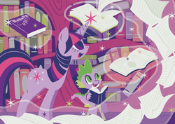 Size: 842x595 | Tagged: dead source, safe, artist:yousukou, spike, twilight sparkle, dragon, pony, unicorn, g4, book, duo, featured image, female, glowing horn, horn, levitation, magic, male, mare, open mouth, pages, pixiv, smiling, telekinesis, unicorn twilight