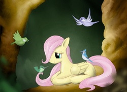 Size: 898x651 | Tagged: safe, artist:mirapony, fluttershy, bird, g4, female, filly, solo, younger