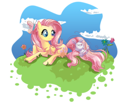 Size: 1608x1316 | Tagged: safe, artist:anthocat, angel bunny, fluttershy, butterfly, pegasus, pony, g4, female, flower, happy, mare, prone, simple background, transparent background