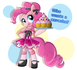 Size: 1925x1752 | Tagged: safe, artist:anthocat, pinkie pie, earth pony, pony, semi-anthro, g4, bipedal, clothes, costume, cupcake, cute, diapinkes, dress, female, mary janes, solo, tongue out