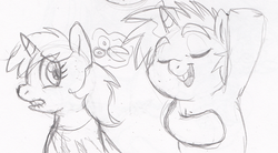 Size: 900x498 | Tagged: dead source, safe, artist:enigmaticfrustration, dinky hooves, snips, pony, unicorn, haircut, lip bite, magic, monochrome, scissors, sketch
