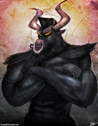 Size: 1800x2304 | Tagged: safe, artist:tarantad0, iron will, minotaur, g4, abs, abstract background, crossed arms, male, signature, solo