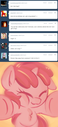 Size: 642x1400 | Tagged: safe, artist:haute-claire, ruby pinch, pony, ask ruby pinch, g4, ask, eyes closed, hug, solo, tumblr