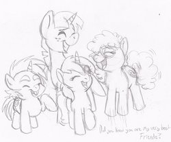 Size: 900x744 | Tagged: dead source, safe, artist:enigmaticfrustration, dinky hooves, snails, snips, twist, earth pony, pony, unicorn, g4, glasses, monochrome, sketch