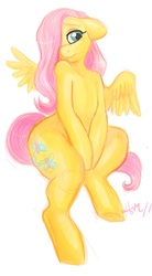 Size: 489x883 | Tagged: safe, artist:666hailsatanlol666, fluttershy, pegasus, pony, semi-anthro, g4, female, floppy ears, hair over one eye, shy, simple background, sitting, solo, thick, white background, wide hips