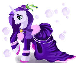 Size: 2393x1961 | Tagged: dead source, safe, artist:schwarz-one, rarity, pony, unicorn, g4, abstract background, clothes, dress, female, hat, mare, peacock feathers, raised hoof, smiling, solo