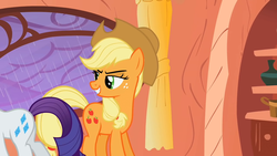 Size: 1280x720 | Tagged: safe, screencap, applejack, rarity, pony, g4, look before you sleep, my little pony: friendship is magic, butt, female, golden oaks library, mare, out of context, overcast, plot