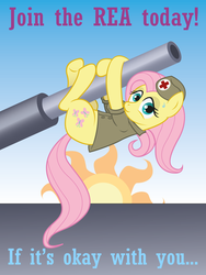 Size: 1200x1600 | Tagged: safe, artist:anders-art, fluttershy, pony, g4, clothes, female, gun, hat, poster, solo, text, uniform, weapon