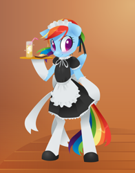 Size: 2170x2763 | Tagged: dead source, safe, artist:kilo, rainbow dash, pegasus, pony, g4, abstract background, bipedal, blushing, clothes, female, food, juice, maid, mare, orange juice, sandwich, smiling, socks, solo