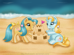 Size: 1100x825 | Tagged: safe, artist:hollowzero, sandcastle (g1), shovels, pony, unicorn, g1, 2012, beach, bow, duo, duo female, female, filly, foal, hairclip, horn, lightly watermarked, not snails, not snips, ocean, sandcastle, siblings, tail, tail bow, twins, watermark